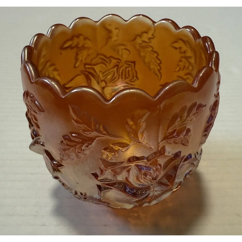 Vintage Dugan Marigold Carnival Glass - Wreath‎ of Roses - Small Bowl Cup Vase